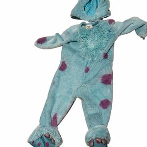 Kids Plush Blue Hooded Costume Romper with Purple Spots